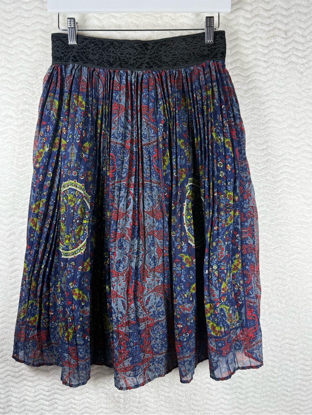 Mix Nouveau Navy Paisley Pleated Midi Skirt with Black Lace Waistband boho flare